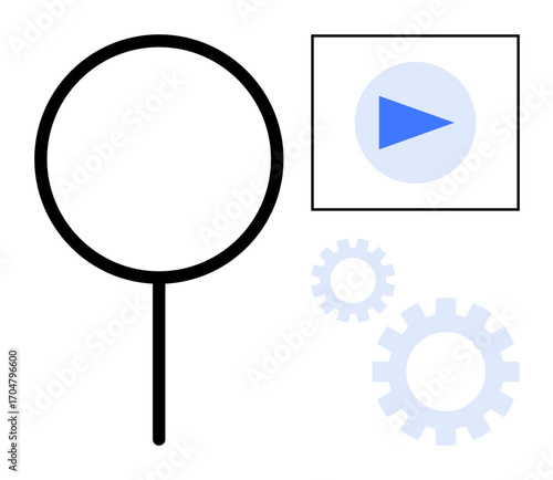 Magnifying glass alongside gears and media play button. Ideal for search, innovation, analytics, automation, technology, development, and process. Simple flat metaphor