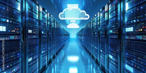 A server room with multiple servers and a cloud icon in the background.
