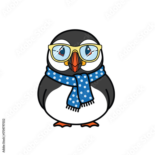 A charming cartoon puffin character wearing yellowrimmed glasses and a blue polkadot scarf.