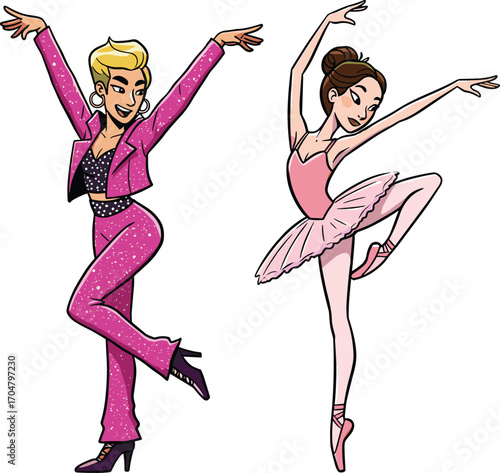 Two animated female dancers in ballet and modern outfits performing expressive poses, ideal for dance-themed vector illustrations and character design