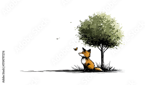 Fox observing butterfly near tree