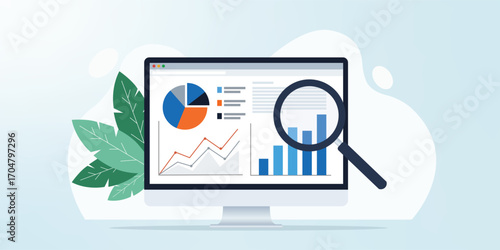 Data analysis on computer screen with magnifying glass and plant isolated