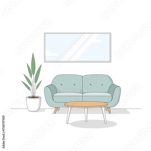 Modern living room interior with sofa, plant and picture