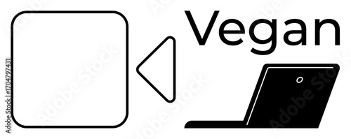 Geometric shapes with text Vegan and laptop graphic. Ideal for sustainability, technology, veganism, minimalism, product branding, ethical lifestyle, corporate communications. Simple flat metaphor