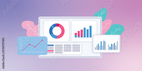 Data analysis dashboard with charts and graphs on computer screen display