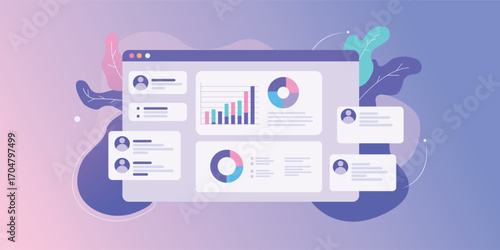 Data analysis dashboard with charts and graphs on computer screen interface