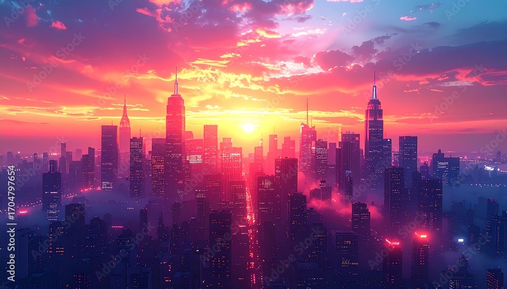 Fototapeta premium 夕日をバックにした都会のイラスト