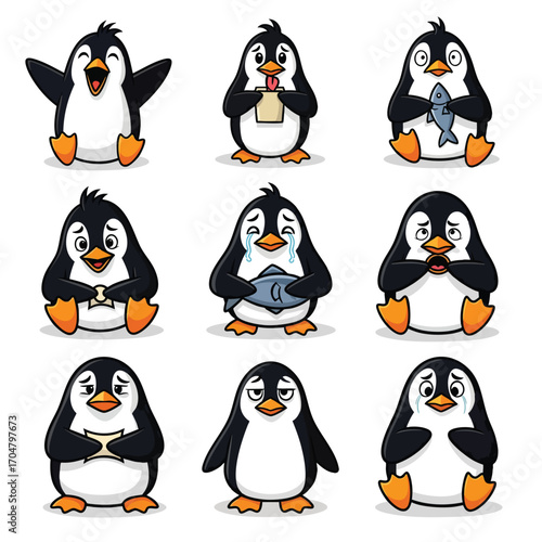 A collection of nine cute cartoon penguin characters expressing various emotions and poses.