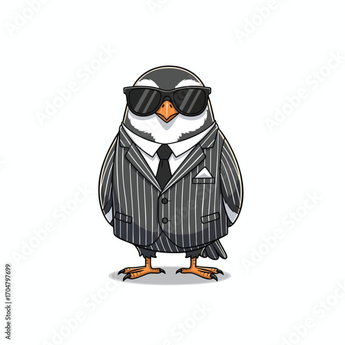 A cool cartoon penguin character dressed in a black pinstripe suit and sunglasses.