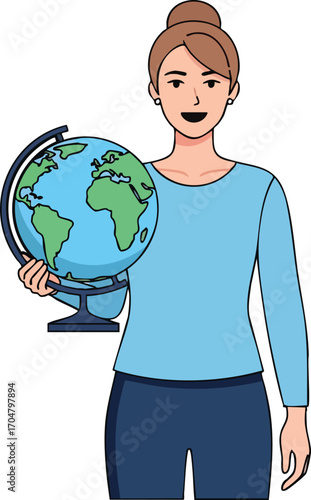 Smiling Woman Holding a Globe Education Travel and Global Concepts