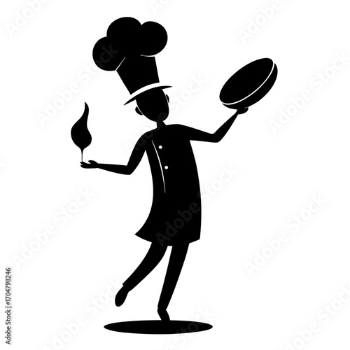 Silhouette chef tossing food in frying pan vector