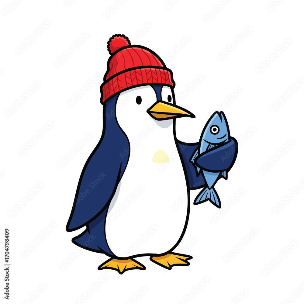 Fototapeta premium A cute cartoon penguin wearing a red knitted beanie hat and holding a blue fish.