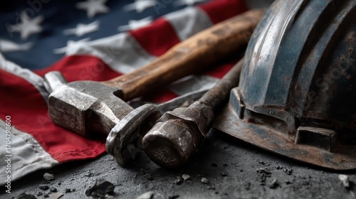 American Flag with Hammer, Wrench, and Helmet on a Textured Surface, Symbolizing Strength and Resilience in the Working Class