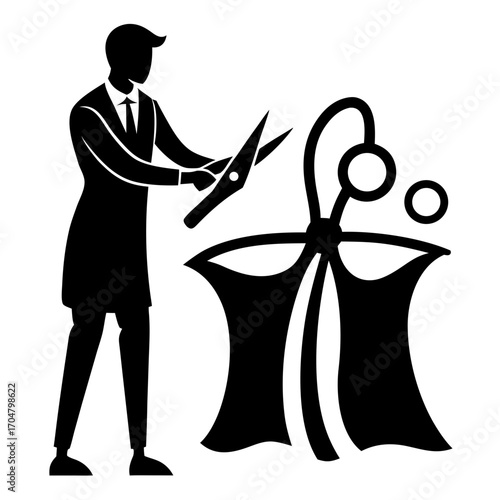 Tailor silhouette cutting fabric with scissors on mannequin vector