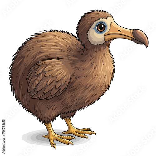 A detailed fullbody illustration of the extinct dodo bird with brown feathers and a large hooked beak.