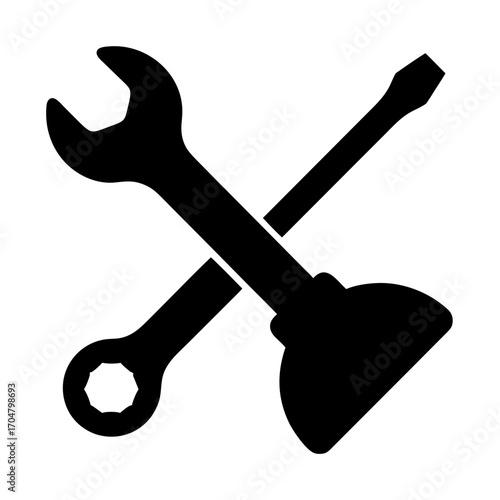 Silhouette of crossed wrench and plunger for repair vector