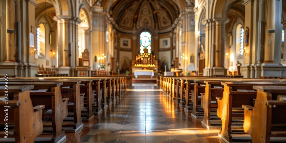 Fototapeta premium An empty church interior with wooden pews and a high altar in the center, with a large stained glass window above the altar.