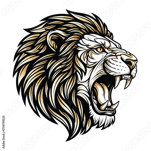 A fierce roaring lion head with a detailed flowing mane in a stylized graphic illustration.