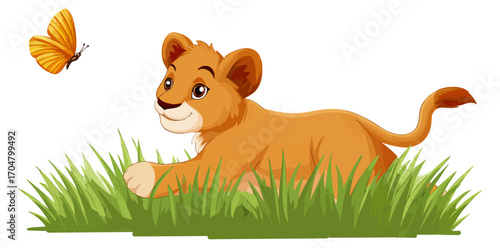 Cute lion cub in grass with butterfly