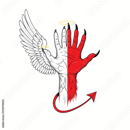 A hand split between good and evil with one half an angels with a wing and the other a devils with a tail.
