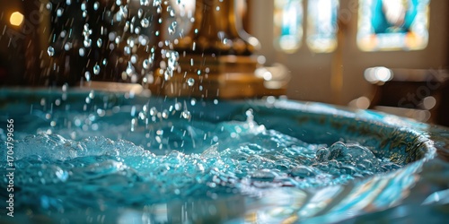 A baptismal font with water splashing into it in a church setting.