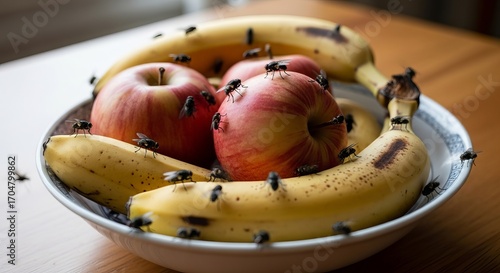 A bowl with apples and bananas swarmed by fruit flies, capturing nature's cycle.