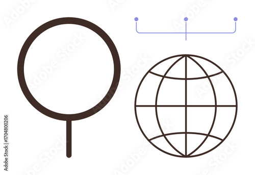 Magnifying glass and globe interconnected by data points suggest research, global search, connectivity, exploration, online navigation, innovation, and network analysis. Ideal for education