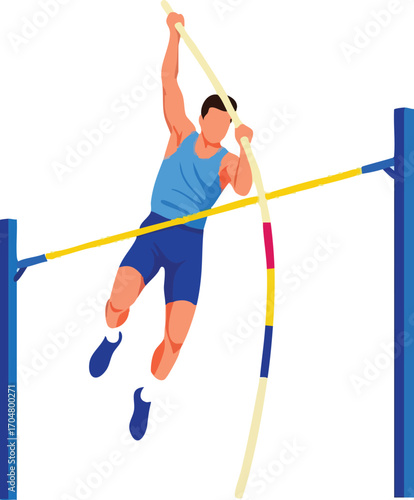 An athlete pole vaulting over a bar during a track and field competition.
