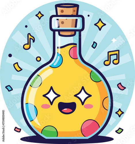 A cheerful cartoon illustration of a happy, sparkling potion bottle filled with a magical yellow elixir, surrounded by music notes and confetti.