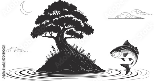 Scenic nature illustration with jumping fish, tree island, and moonlit sky, perfect for print design, tattoos, wall art, and digital projects.Sceni