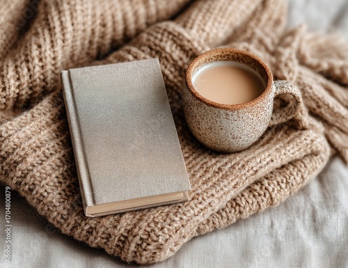 Cozy book and coffee cup on a knitted blanket
