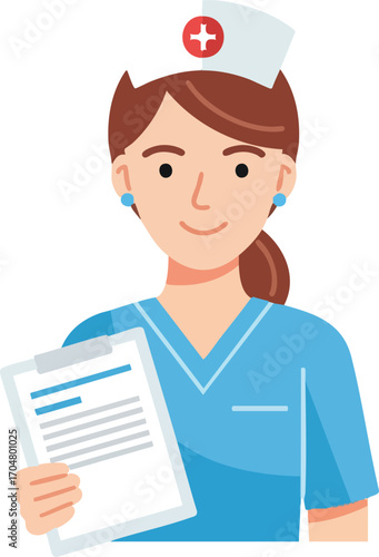 A friendly female nurse in blue scrubs and a cap holding a clipboard with a medical chart.