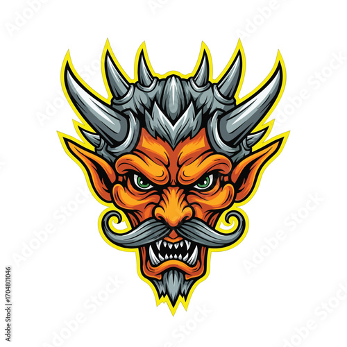An illustrated orange devil head with grey horns a curled mustache and sharp fangs.