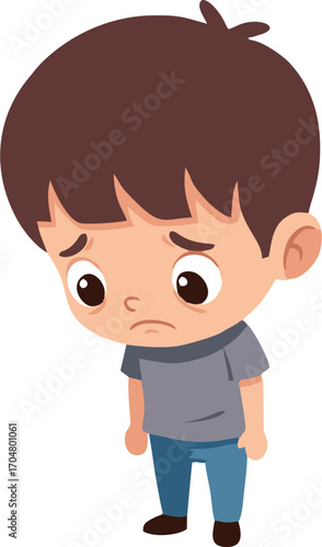 A Sad, Downcast Cartoon Boy with Drooping Eyes and Disappointed Expression