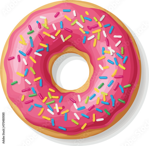 A vibrant pink frosted donut with colorful sprinkles on a white background, viewed from above.