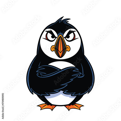 An angry cartoon puffin character with a grumpy expression and crossed wings.