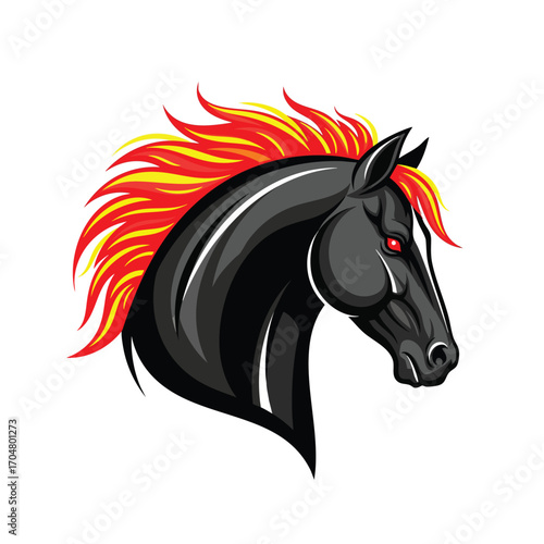 Angry black stallion head with a fiery mane and glowing red eyes.