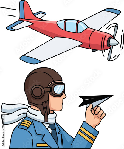 Cartoon image of a pilot with a paper airplane and a red airplane.