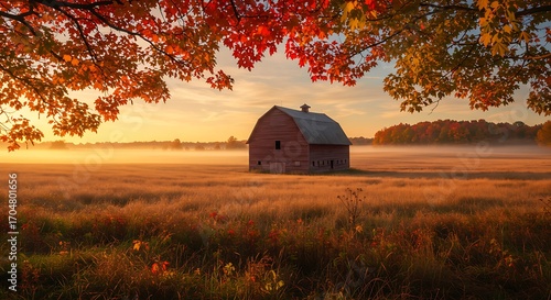 Fototapeta Naklejka Na Ścianę i Meble -  Golden hour mist blankets a serene autumn field with a classic red barn, framed by brilliant fall leaves, creating a tranquil rural landscape.