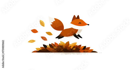 Cute fox leaping among autumn leaves