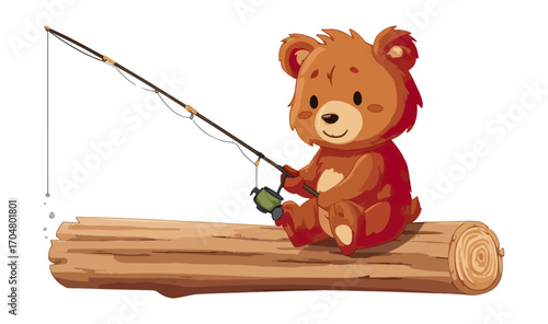 Cartoon bear fishing on log
