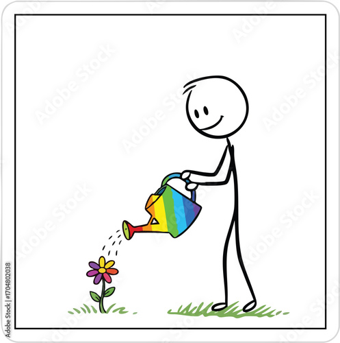 Person watering a rainbow flower growth nurture concept illustration