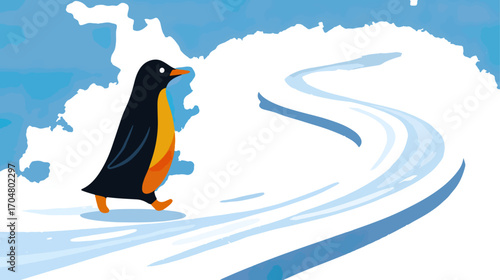 Penguin walking along ice river