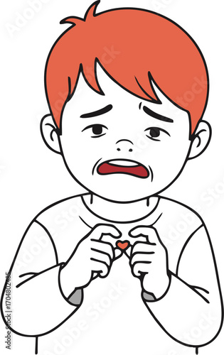 Anxious Cartoon Boy with Red Hair Holding a Tiny Heart with Trembling Hands