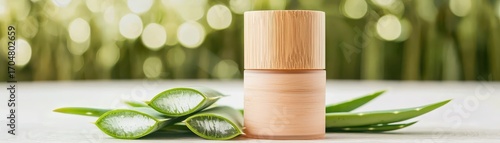 A natural skincare product is placed next to fresh aloe vera leaves, set against a blurry green background with soft lights.