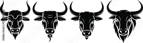 A striking set of four black bull heads with horns, representing strength, power, and the zodiac sign of Taurus, on a white background.