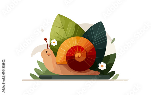 Cute snail among colorful leaves
