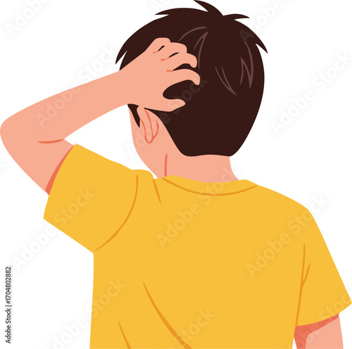Back View of a Man with Brown Hair Scratching His Head in Confusion