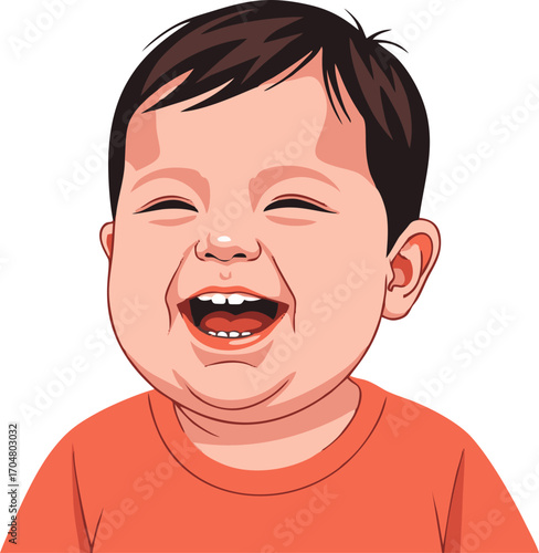Cartoon Baby's Joyful Laughter with Dark Hair and Orange Shirt