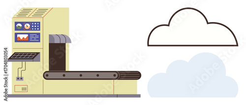 Automated machine with conveyor belt, control screen displaying data, generating a stylized cloud. Ideal for digital transformation, automation, data flow, cloud computing, manufacturing, industry
